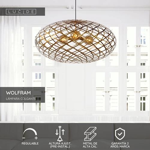 Lucide WOLFRAM - Lámpara colgante - Ø 100 cm - 3xE27 - Oro mate / Latón - USP